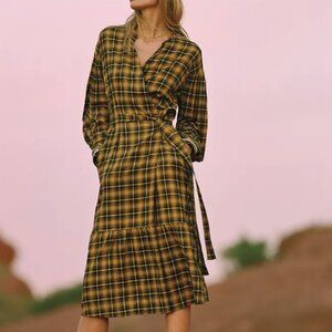 Anthropologie Dalton Wrap Maxi Dress Plaid Yellow Viscose